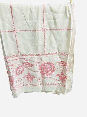 Vintage Linen square Cross Stitch Pink Embroidered Floral Tablecloth 58”X 74”